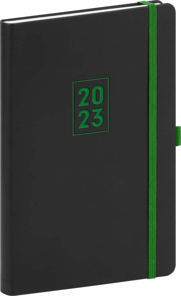 Týdenní diář Nox 2023, černý / zelený, 15 × 21 cm
