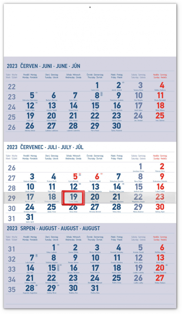 Nástěnný kalendář 3měsíční standard modrý – s českými jmény 2023, 29,5 × 43 cm