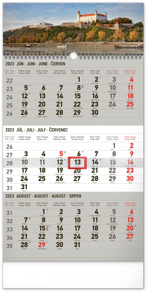 Nástenný kalendár 3-mesačný Bratislava šedý – so slovenskými menami 2023, 29,5 × 43 cm